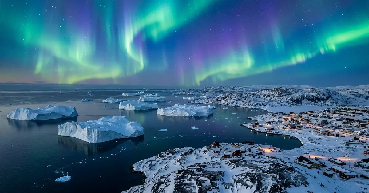 Ilulissat Icefjord glowing under the northern lights – perfect destination during the best time to visit Greenland for northern lights