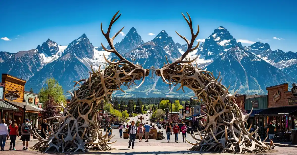 jackson hole wyoming travel guide town square antler arch teton mountains background