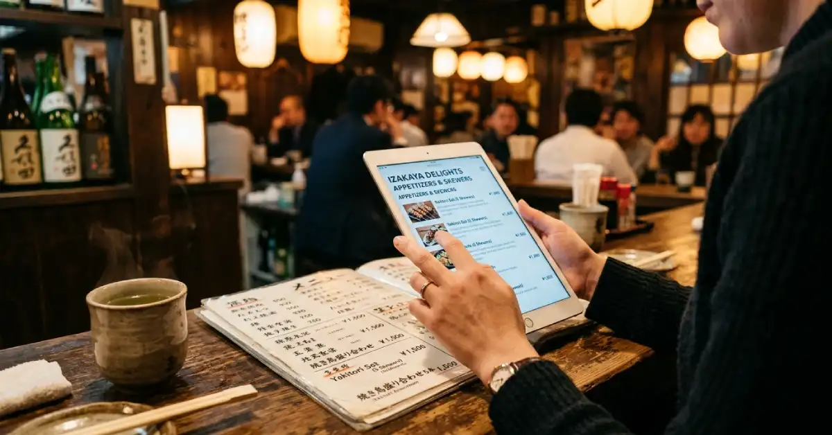 A close-up view of a traveler comparing an English restaurant menu with a Japanese menu, highlighting Japan two-tier pricing in the dining sector.