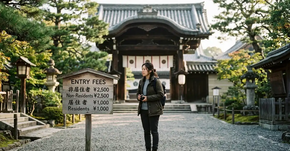 A solo traveler reading a Japan two-tier pricing information board outside a historic temple, showing separate entry fees for non-residents and local residents.