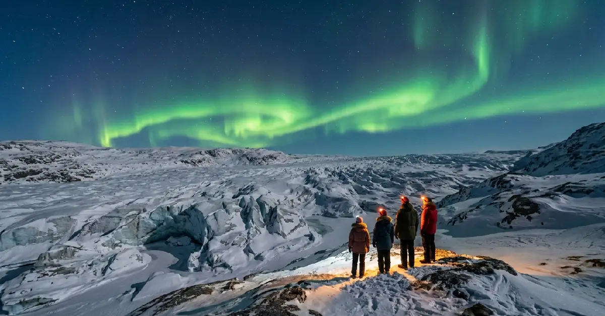 Northern lights above Kangerlussuaq glacier – one of the best places during the best time to visit Greenland for northern lights