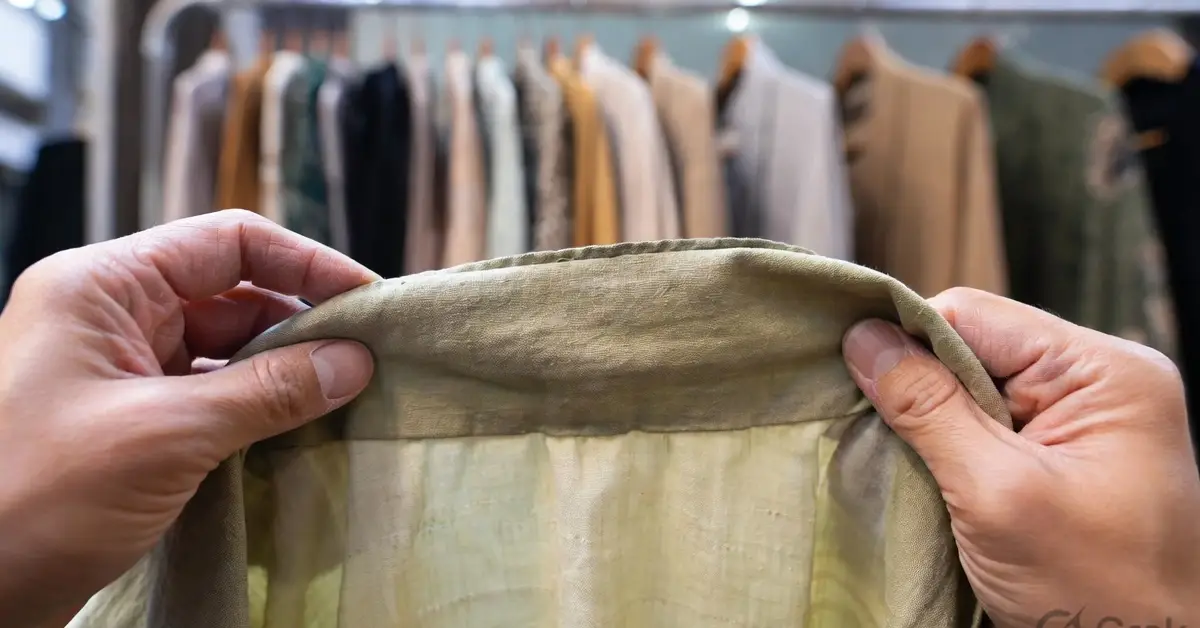 Close up of a silk kimono collar being inspected at a second hand kimono shop in Tokyo Japan, showing natural wear

