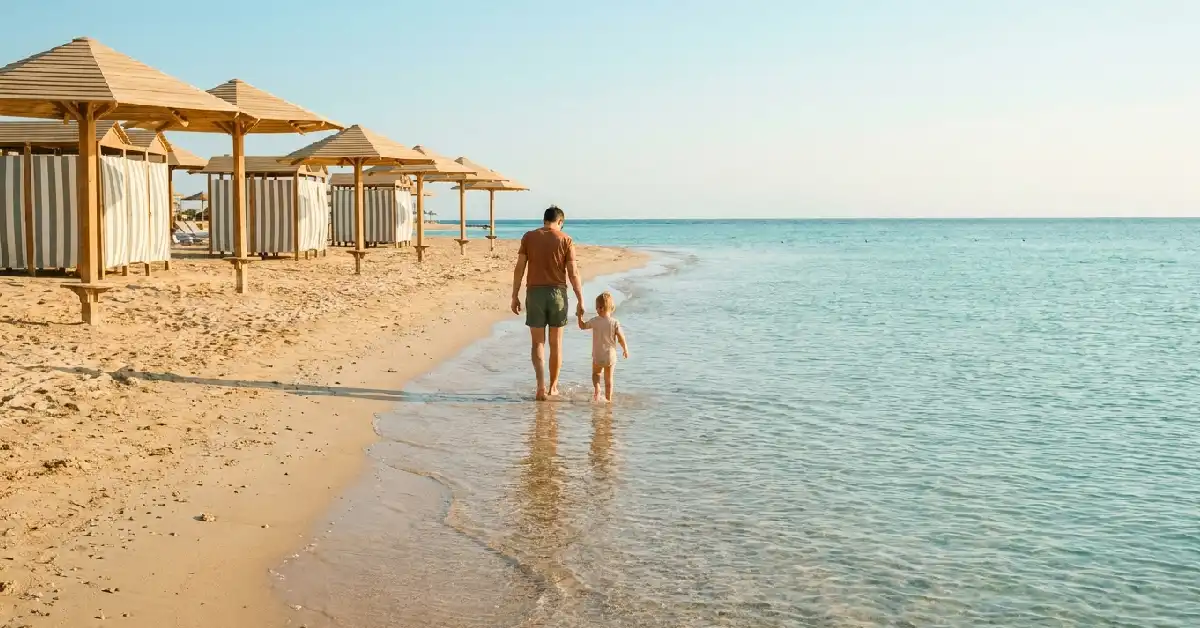 hallow sandy waters at Lido di Tonnara where Sicilian families take their children near Sciacca Sicily.