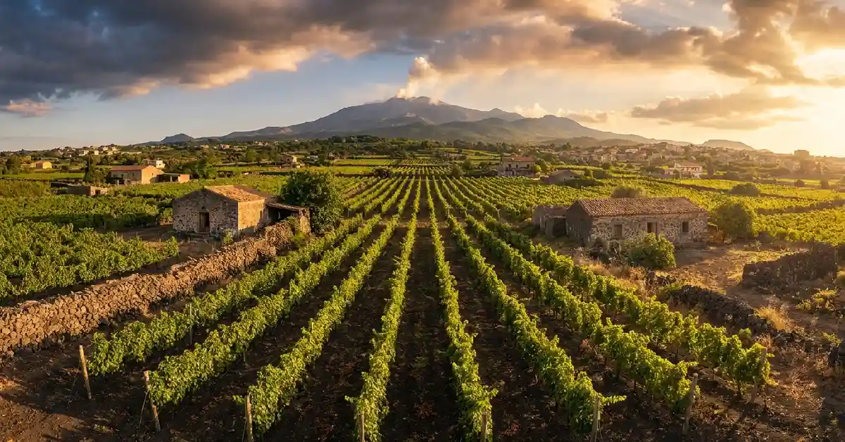 Mount Etna volcano slopes with vineyards in the Sicilian countryside under afternoon light.