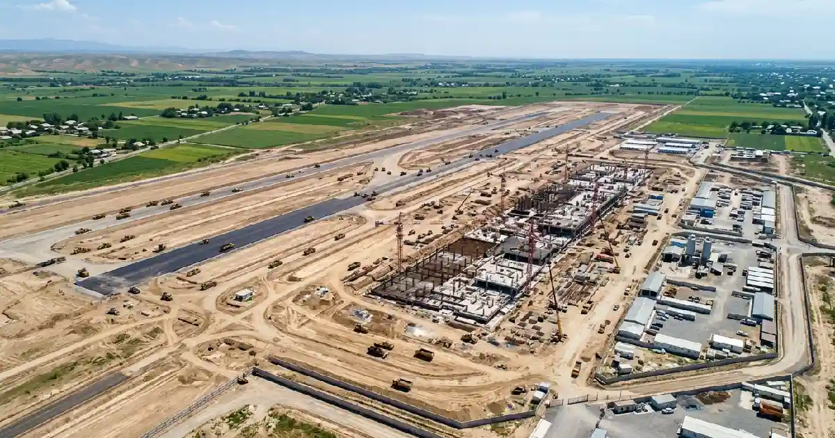 Aerial view of the new Tashkent International Airport construction site showing runways and terminal area