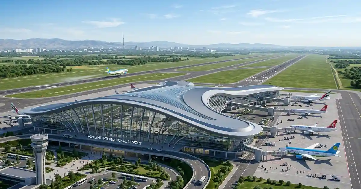 Conceptual rendering of the new Tashkent International Airport terminal and runways in Uzbekistan