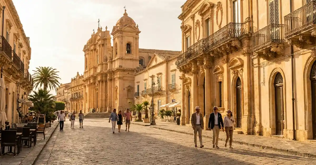 Golden limestone baroque buildings lining a sunny street in Noto Sicily.