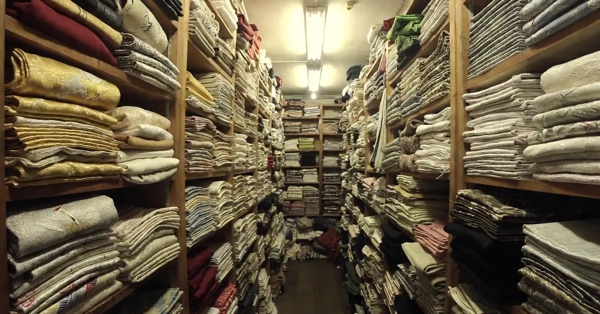 Rows of folded silk obi on wooden shelves at a second hand kimono shop in Tokyo Japan near Koenji Station

