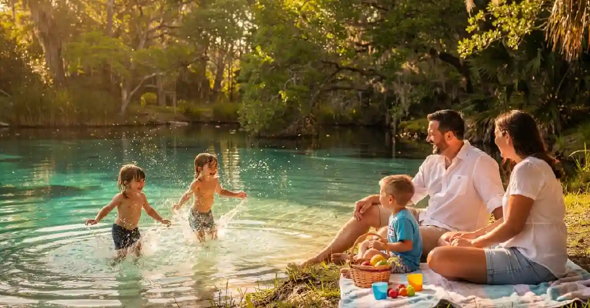 Happy family of four enjoying a sunny day at a natural spring during their 4-day Orlando family vacation under $800