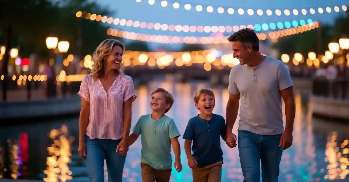 Family exploring Disney Springs for free during their affordable 4-day Orlando trip under $800