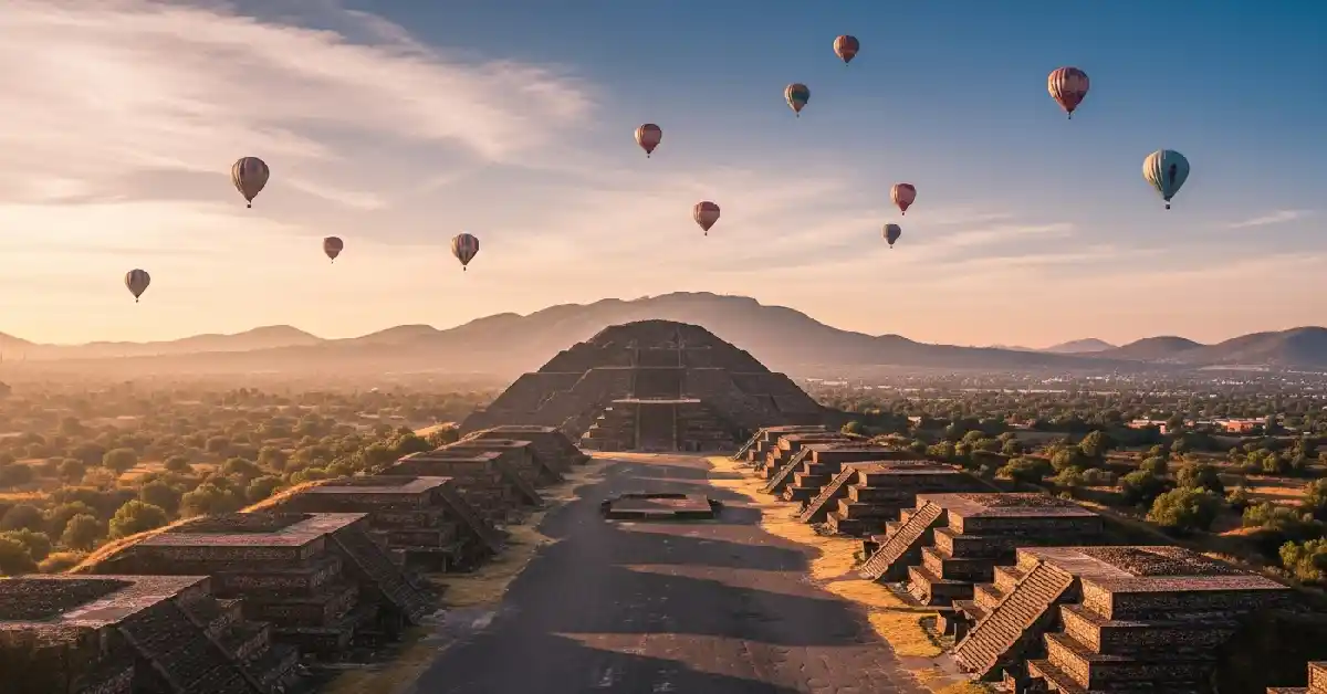 Sunrise over the Pyramid of the Sun at Teotihuacan with hot air balloons floating above the Avenue of the Dead, Mexico