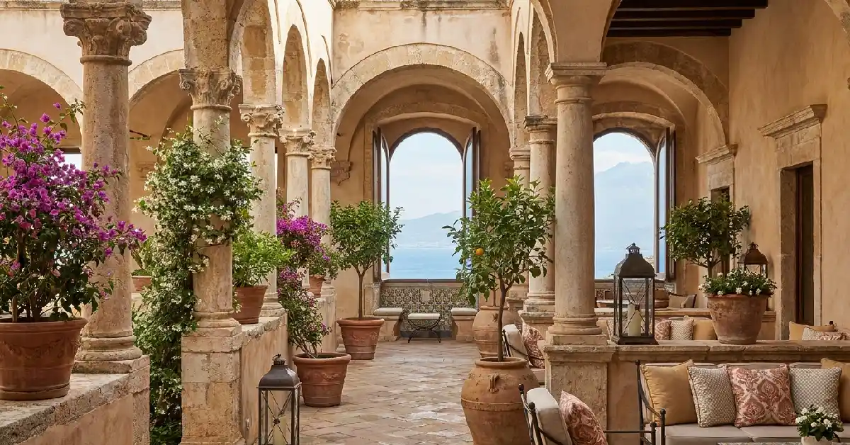 Historic terracotta courtyard inside San Domenico Palace Four Seasons hotel in Taormina Sicily with sea view.