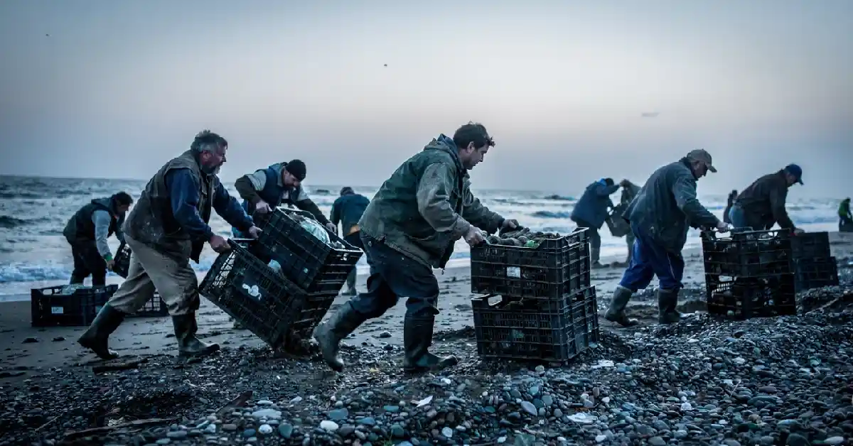 Chaotic and authentic dawn fish market at Sciacca working port with night fishing boats unloading catch in Sicily.