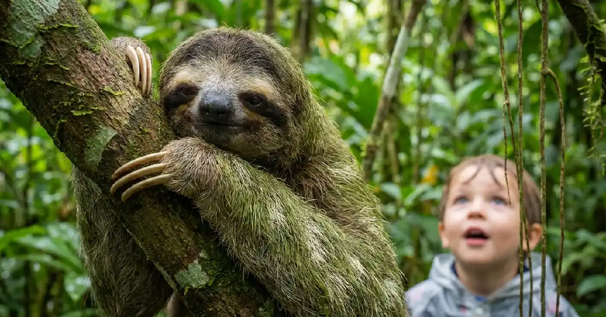 Child watching a sloth in Costa Rica jungle — wildlife experiences for families in Manuel Antonio