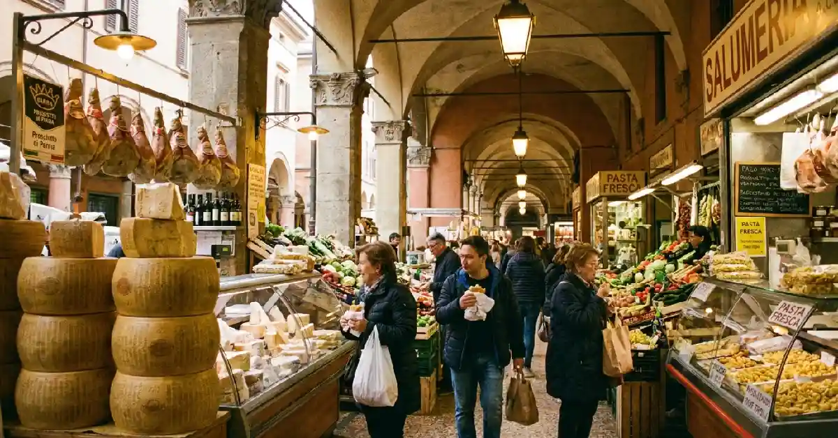 Emilia-Romagna slow travel Italy: authentic food market in Bologna with Parmigiano-Reggiano and prosciutto, perfect for food-focused slow travel beginners