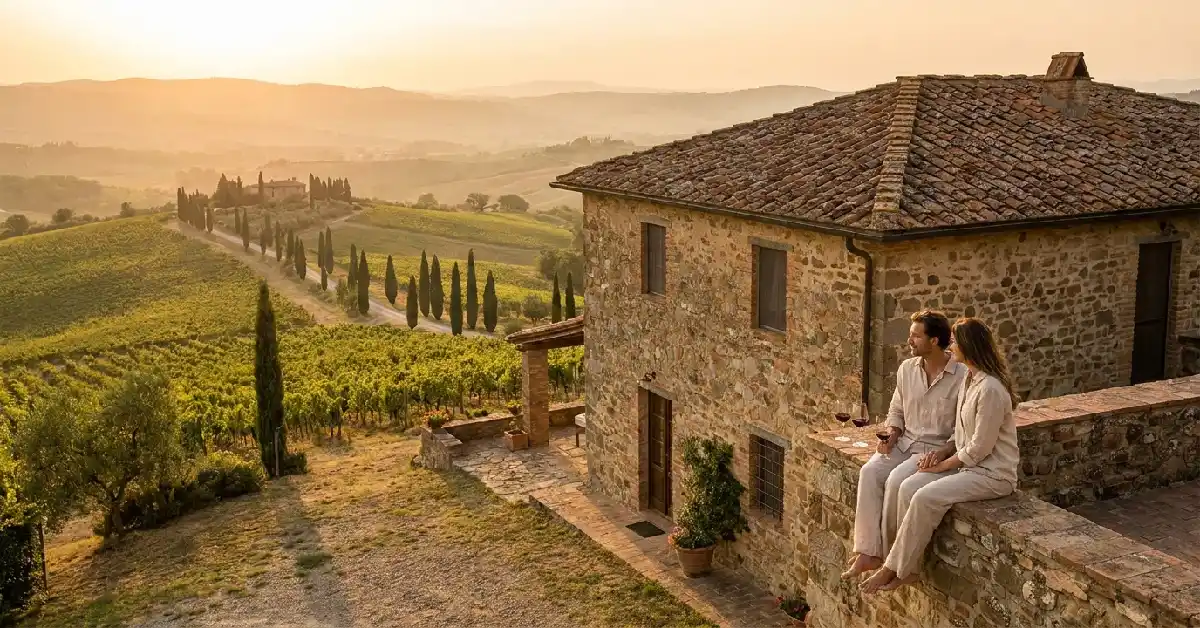 Slow travel Italy for beginners hero image: peaceful Tuscan agriturismo farmhouse with vineyards at golden hour sunset, ideal for immersive experiences in Italy