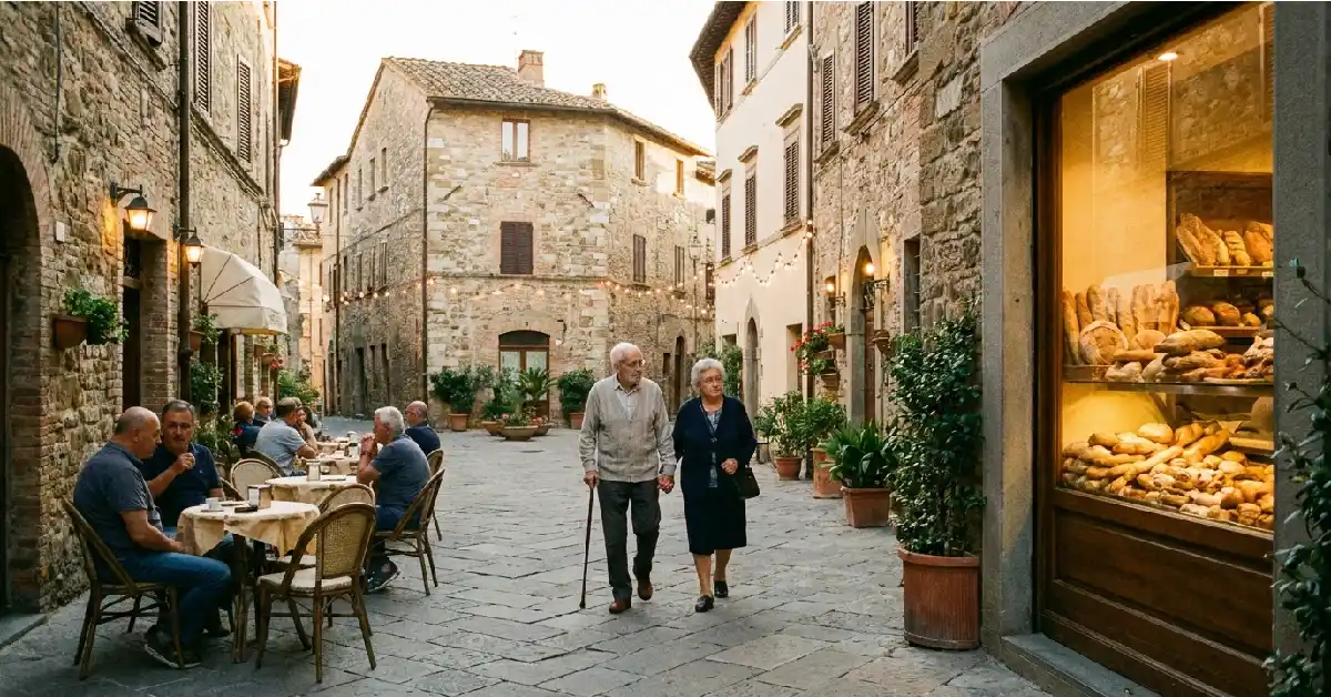 Quiet Italian village piazza at golden hour evening with locals sitting at outdoor café tables and chatting, warm street lights, authentic everyday life