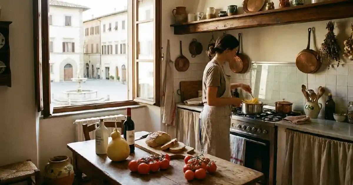 Slow travel Italy planning: weekly apartment rental kitchen filled with fresh local market ingredients — the heart of immersive slow travel in Italy