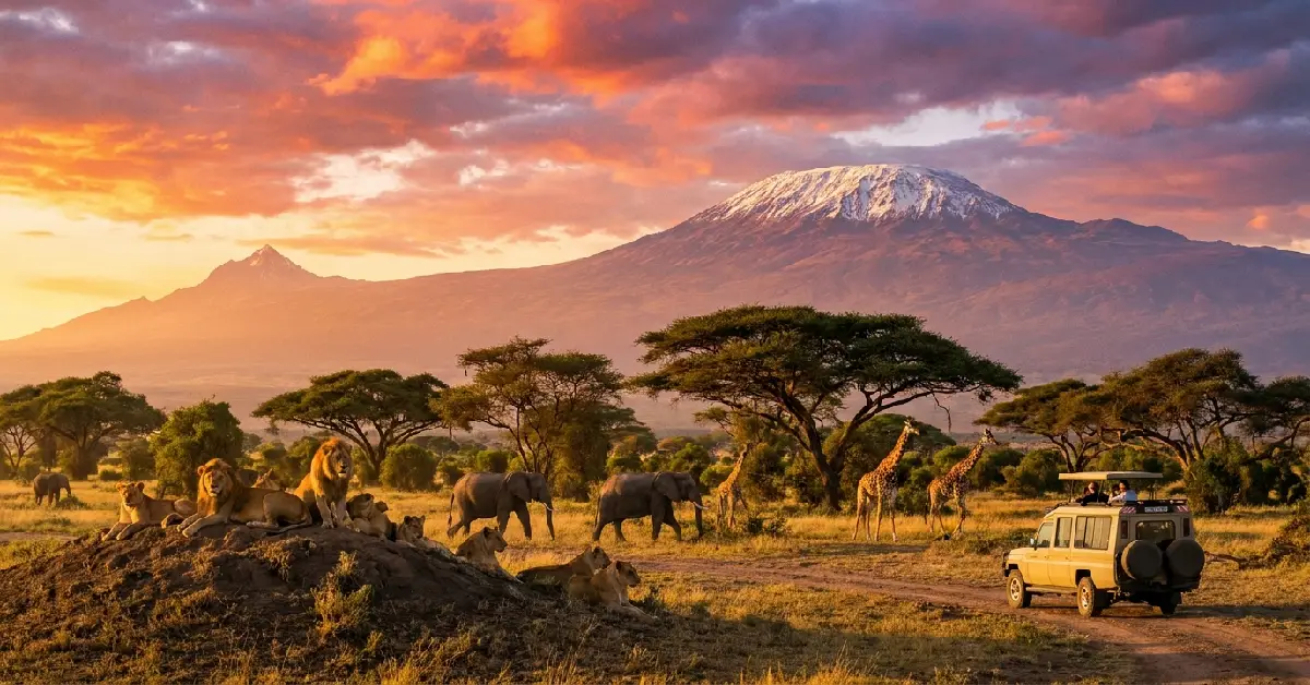 Explore Tanzania tourism attractions with Serengeti wildlife and Mount Kilimanjaro view