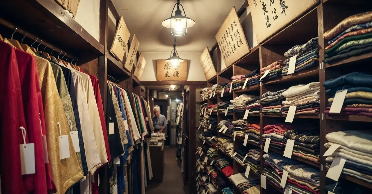 Racks of colorful vintage silk kimonos inside a second hand kimono shop in Tokyo Japan with wooden shelves and paper lanterns