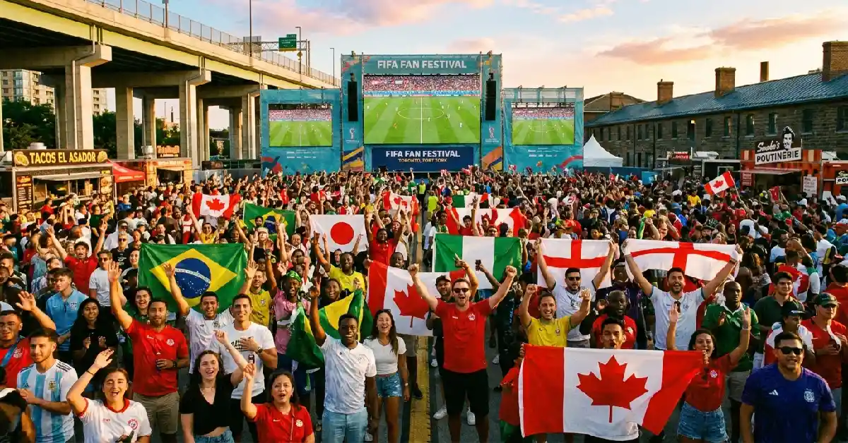 Diverse fans celebrating at the FIFA Fan Festival Toronto during the 2026 World Cup at Fort York with big screens and vibrant summer energy