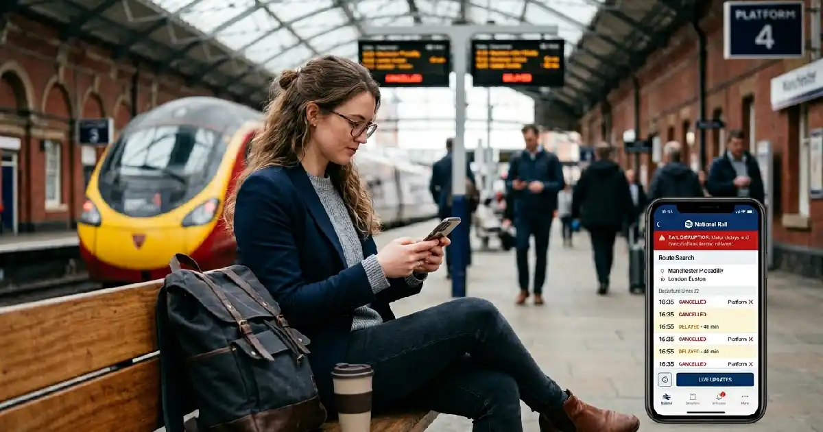 Traveler checking smartphone for live updates during UK rail disruption May 2026 using National Rail app