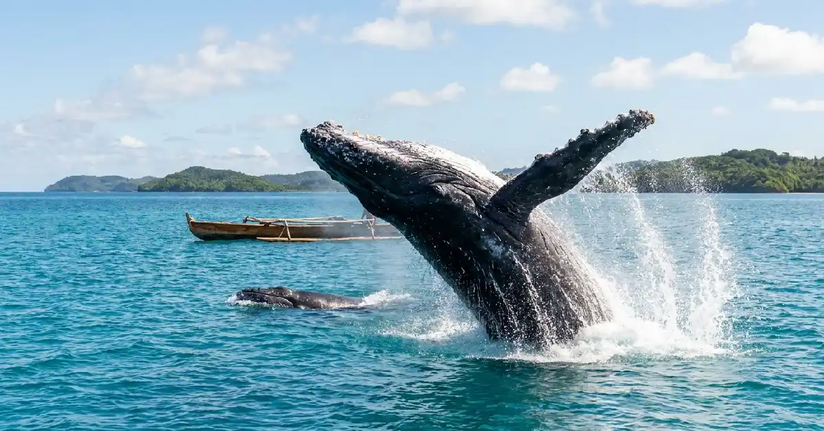 Humpback whale breaching in Vava’u, Tonga – an unforgettable experience in the hidden gems in oceania islands travel guide