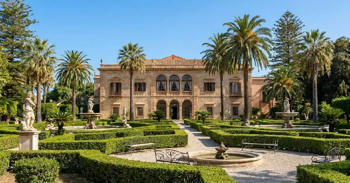 Lush formal gardens and historic villa at Villa Tasca near Palermo Sicily.