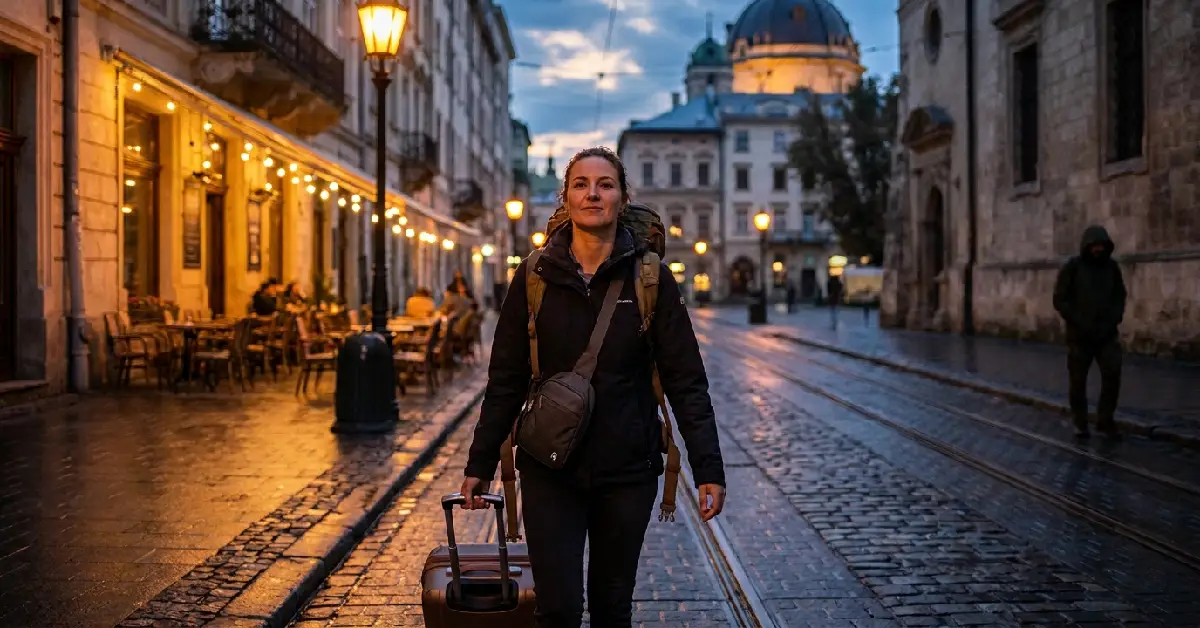 Confident solo female traveler walking safely in a European city at night with awareness, representing practical women solo travel Europe safety tips and real-life travel experience