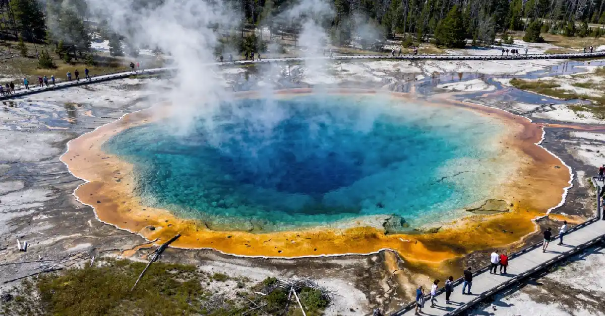 wyoming travel guide yellowstone national park grand prismatic spring aerial view