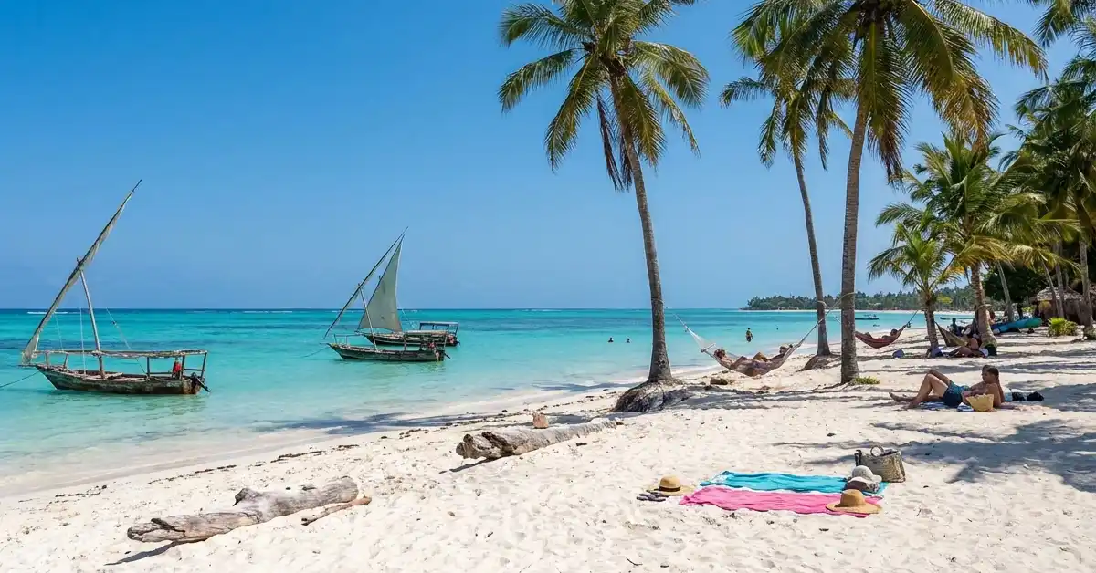 anzibar beach tourism with white sand and turquoise ocean