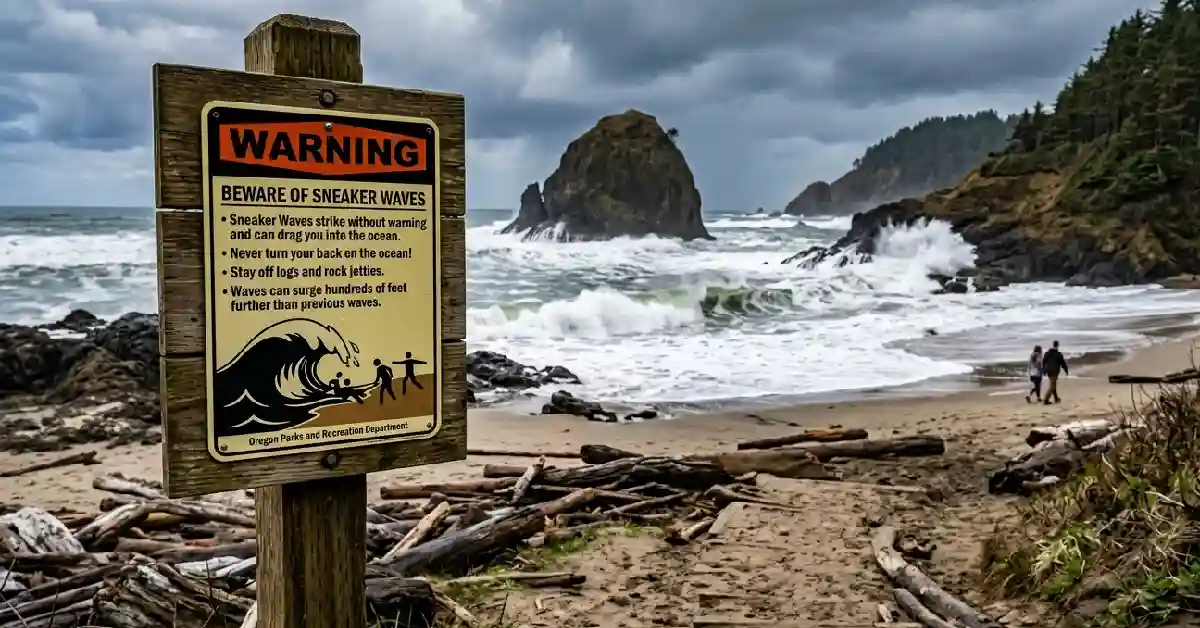 Sneaker wave warning sign posted at an Oregon coast beach access point