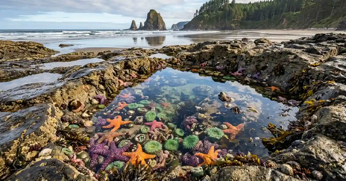 Tide pools at a secluded Oregon beach with starfish and anemones