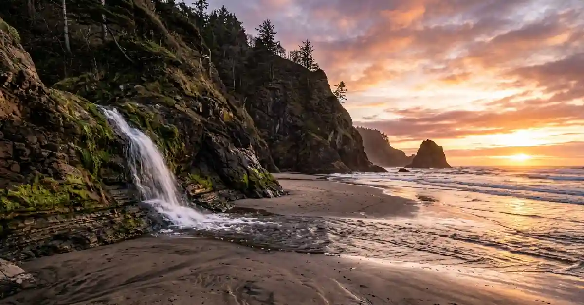 Waterfall dropping onto the sand at Hug Point, Oregon coast