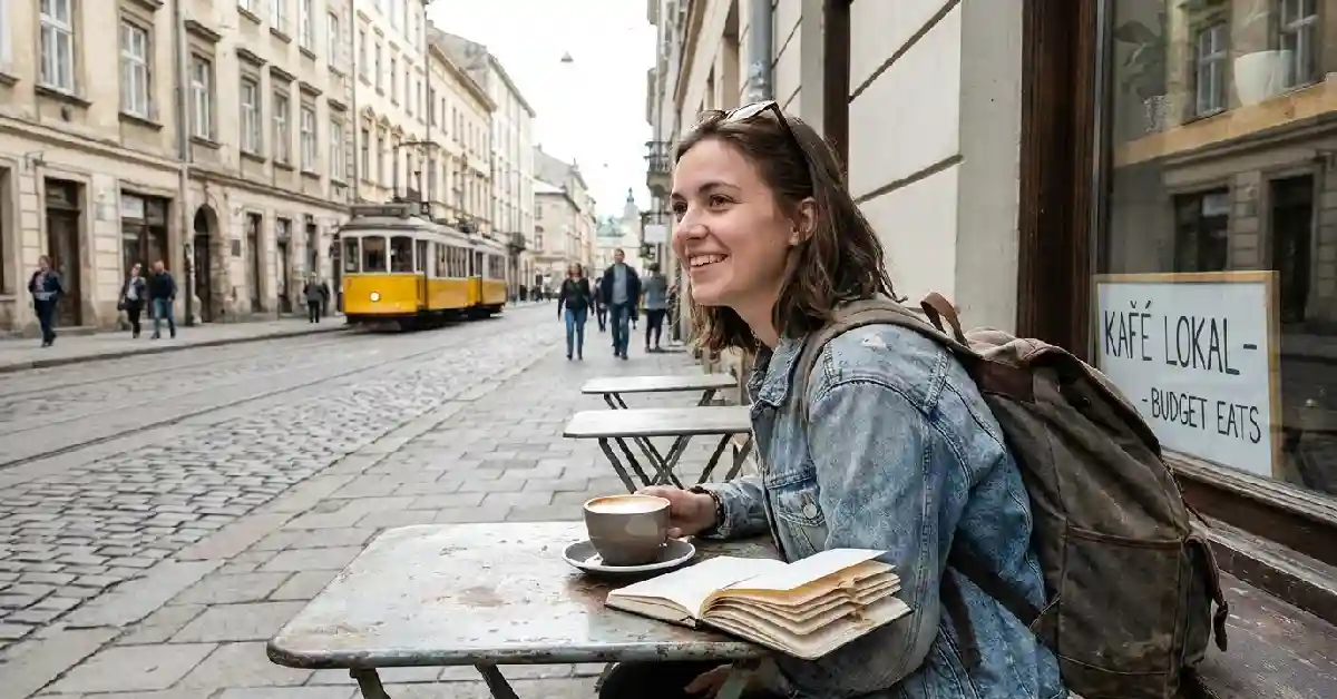 Woman traveler enjoying affordable local cafe in a second city