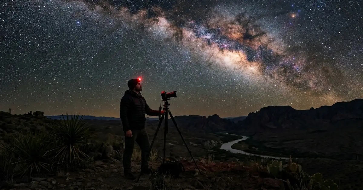 Astrophotographer setting up camera equipment under the Milky Way at Big Bend National Park, one of the best dark sky locations for stargazing in America with Bortle class 1 skies.