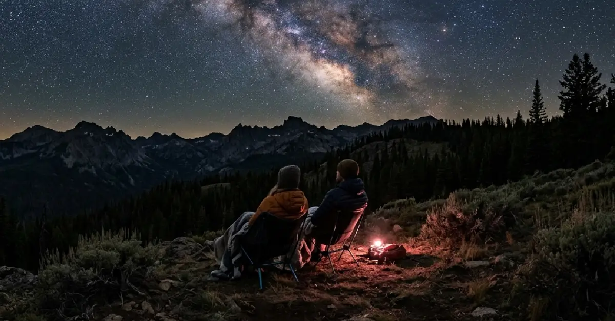 Couple sitting in camping chairs under the Milky Way in Central Idaho Dark Sky Reserve, recognized as one of the best dark sky locations for stargazing in America with Gold Tier status.