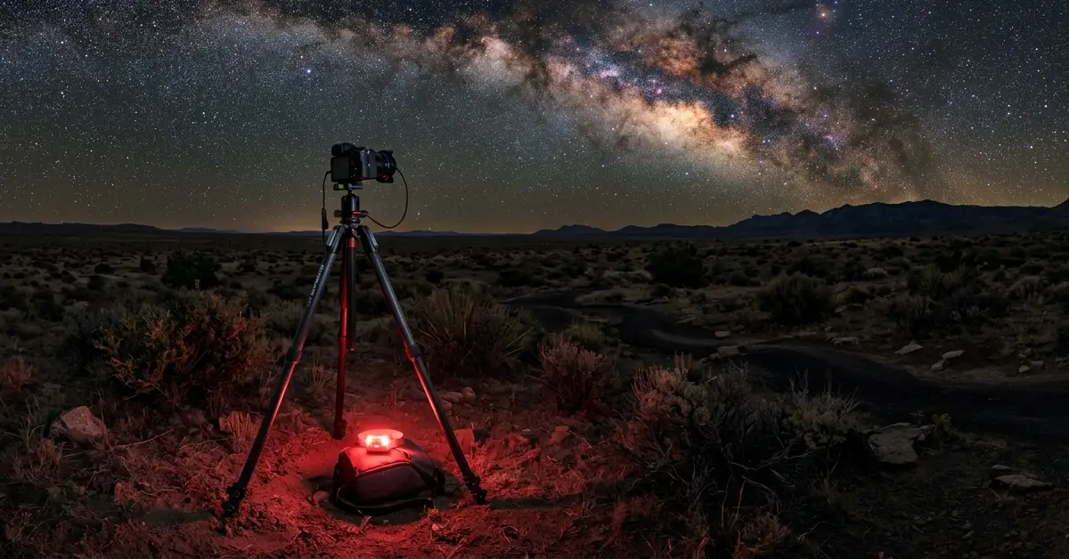 Astrophotographer's camera setup on a tripod at Cosmic Campground New Mexico, one of the best dark sky locations for stargazing in America with Bortle class 1 skies perfect for Milky Way photography.