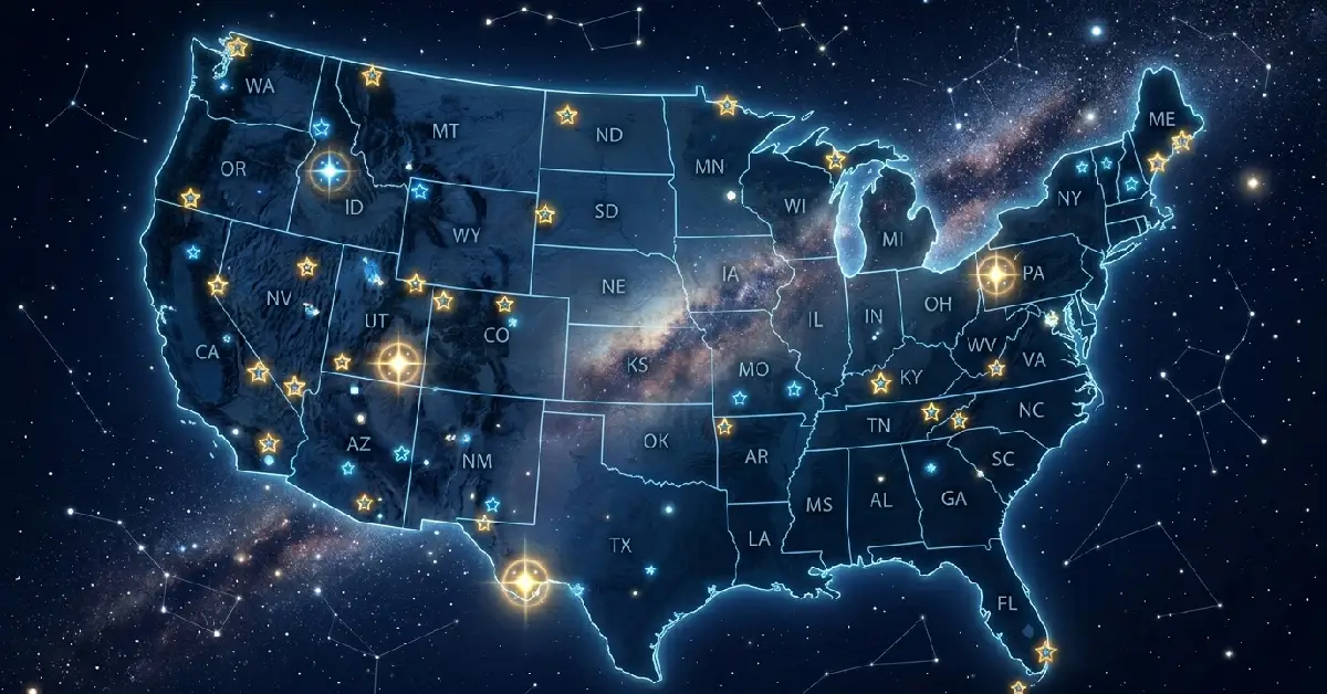 Map showing all certified International Dark Sky Parks across the United States, highlighting the best dark sky locations for stargazing in America from coast to coast.