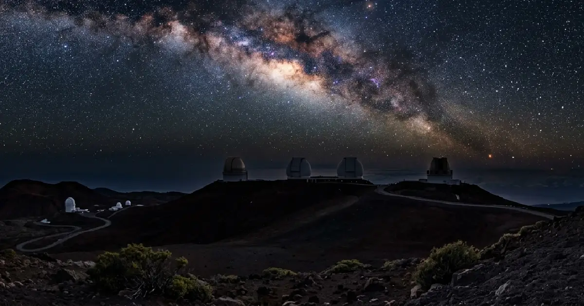 Observatory domes on the summit of Mauna Kea with the Milky Way stretching across the sky, representing one of the best dark sky locations for stargazing in America above the clouds.