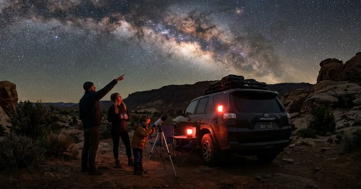 A family stargazing beside an SUV at a remote desert campsite under the Milky Way, representing one of the best dark sky locations for stargazing in America with no light pollution visible and the galactic core stretching across the night sky.