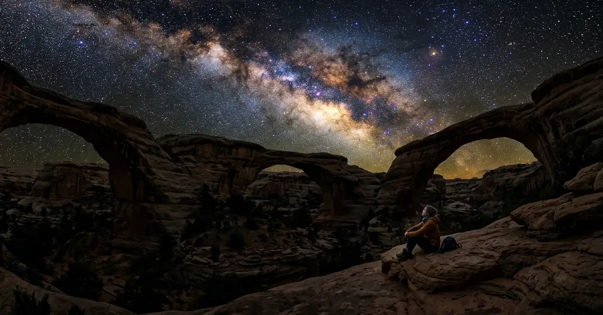 Night sky filled with countless stars above natural rock bridges at Natural Bridges National Monument, widely considered one of the best dark sky locations for stargazing in America.