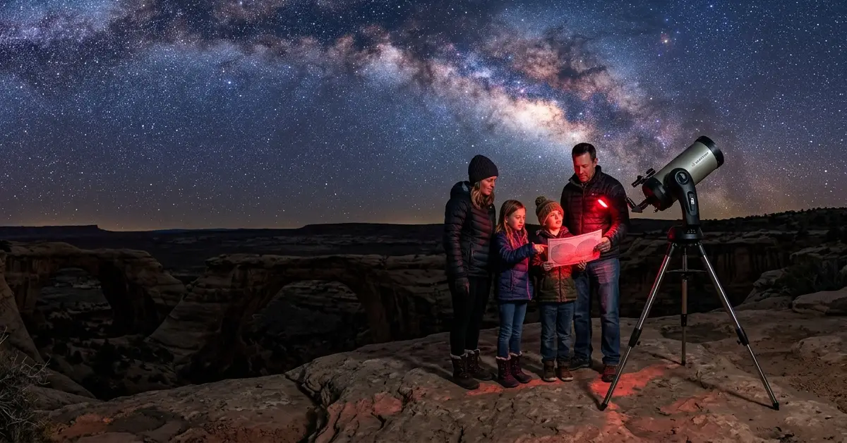 Family standing beside a telescope under the Milky Way at Natural Bridges National Monument, one of the best dark sky locations for stargazing in America, with no city lights visible on the horizon.