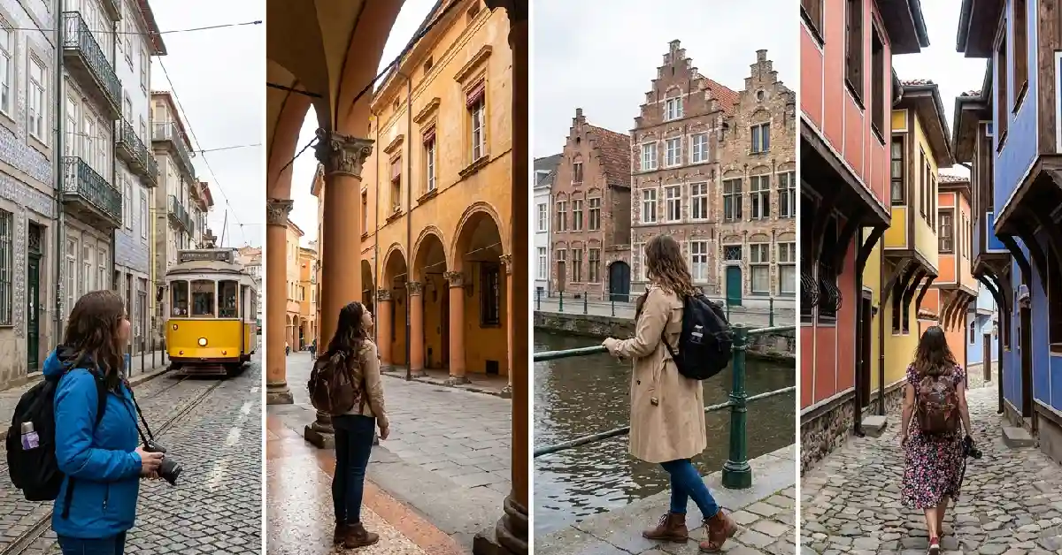 Female traveler exploring Porto Bologna Ghent and Plovdiv