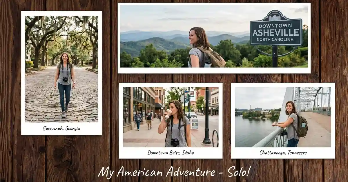 Solo female traveler exploring Asheville Savannah Boise and Chattanooga