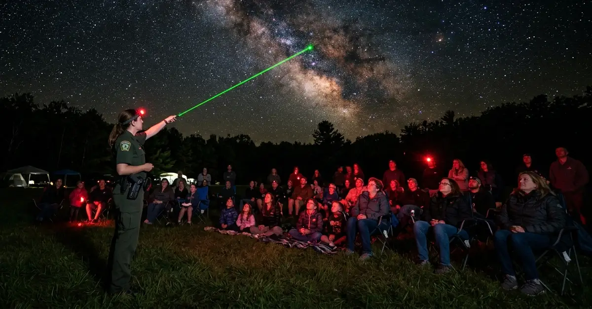 Ranger pointing a laser at the night sky during a guided astronomy program at Cherry Springs State Park, one of the best dark sky locations for stargazing in America on the East Coast.