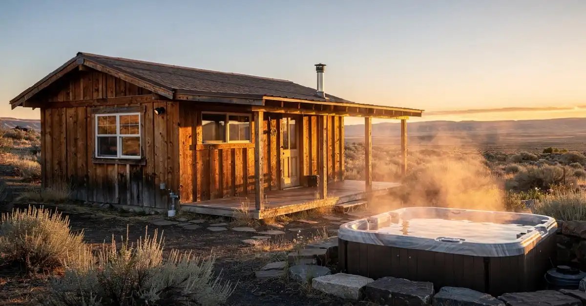 Small rustic cabin with an en suite private hot tub at Crystal Crane Hot Springs Oregon.