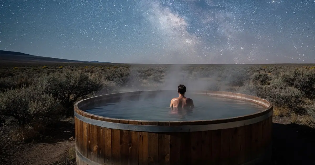 Person soaking in a private wooden hot tub at Crystal Crane Hot Springs Oregon under a starry night sky