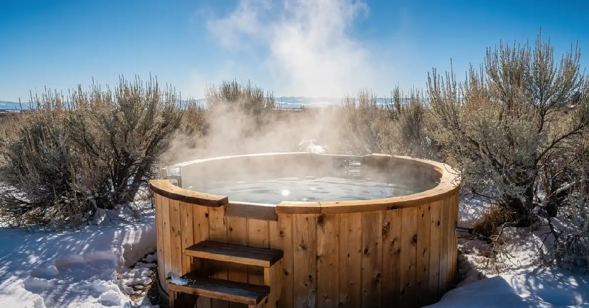 Steaming hot tub at Crystal Crane Hot Springs surrounded by snow on the ground and hills in winter.