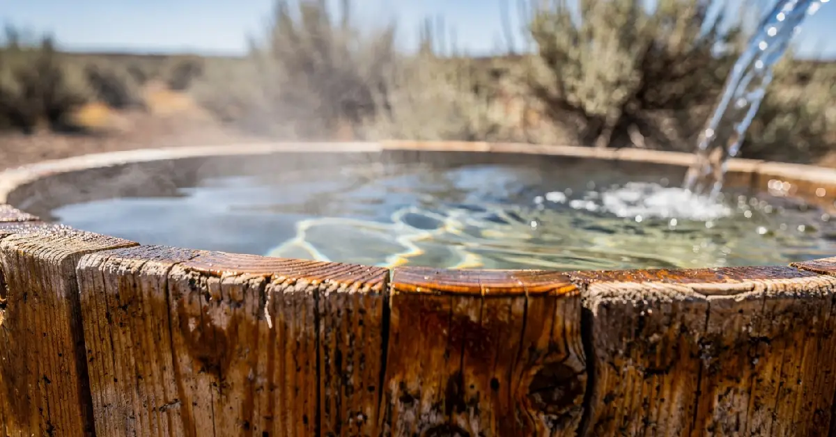 Close up view of warm geothermal water filling a private wooden soaking tub at Crystal Crane Hot Springs Oregon.